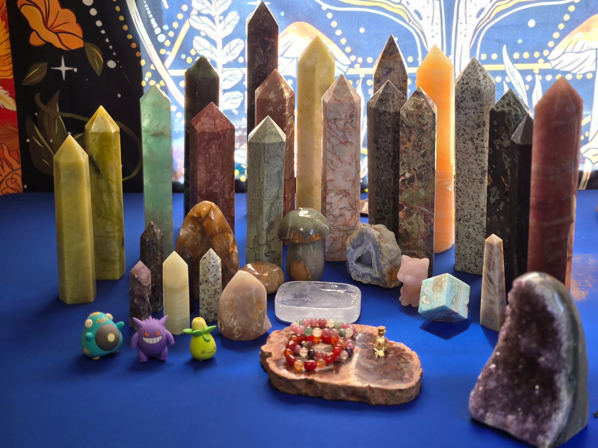 Crystal towers and gemstones displayed at Texas Hill Country Witchery
